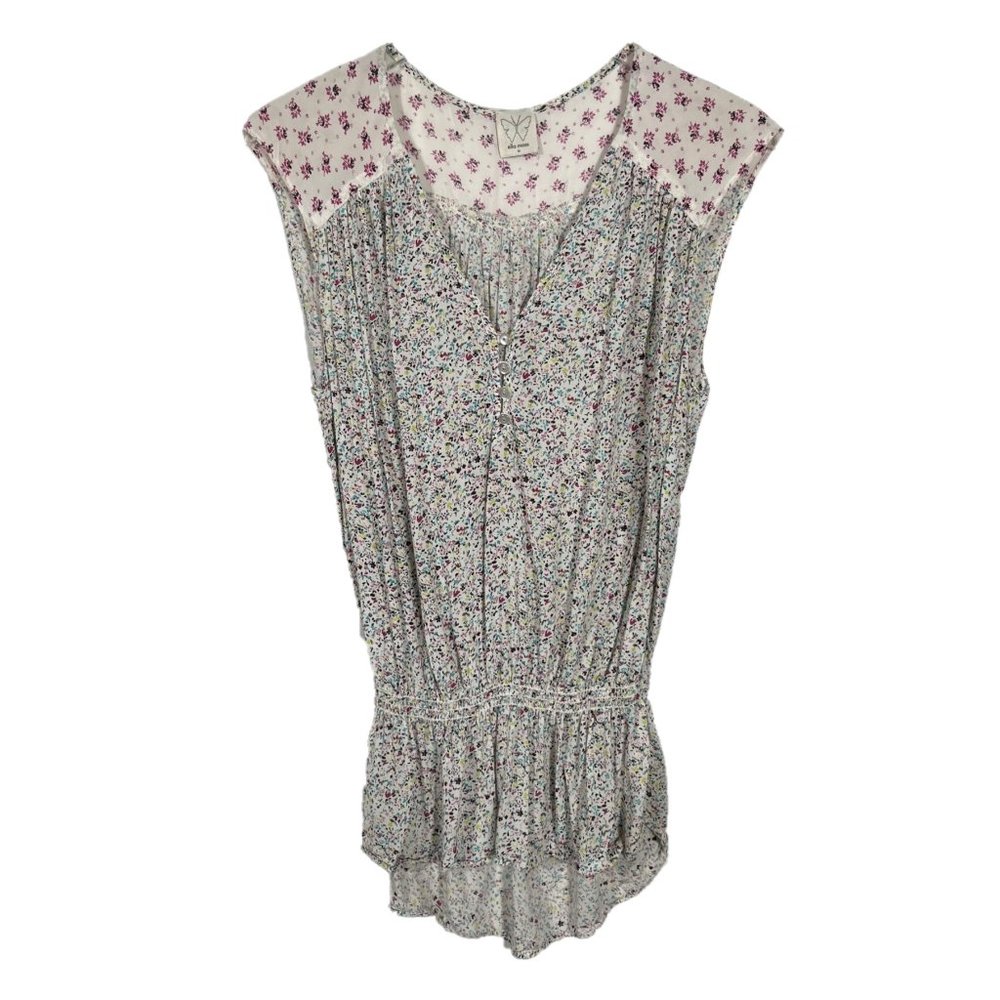 Ella Moss Mixed Media Petite Floral V-Neck Blouse w/ Smocked Waist Sz M
